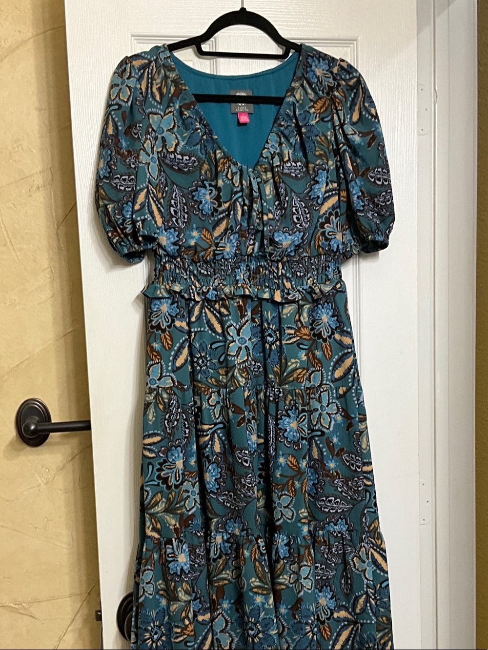 VINCE CAMUTO Teal Floral Puff-Sleeve Maxi Dress